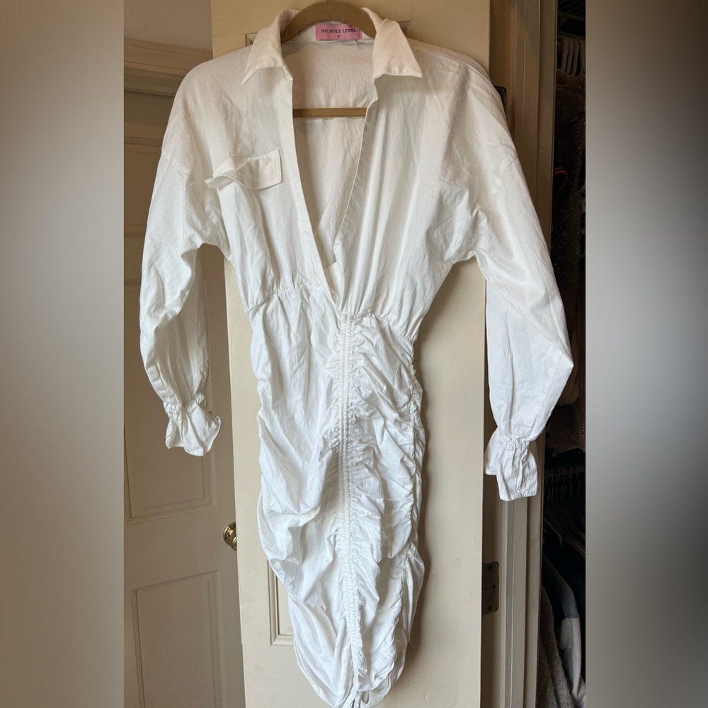 Nichole Lynel White Dress with Ruched Sleeves